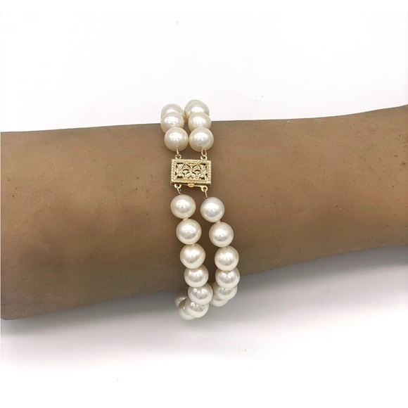 Cultured Pearl Double Strand Bracelet 14K Gold Filigree Clasp Best Offer